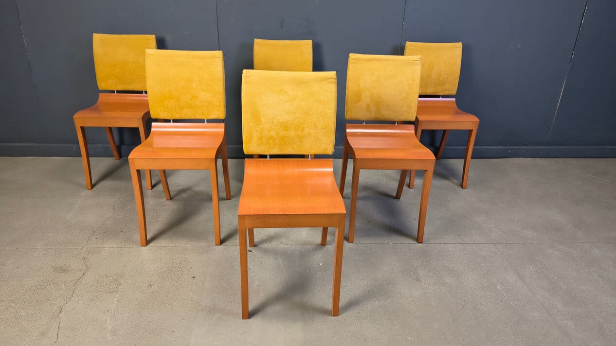 Set of six Finn dining chairs, brown wood, yellow suede, by T. Desombre, Ligne Roset, France, 1990s. - 329337