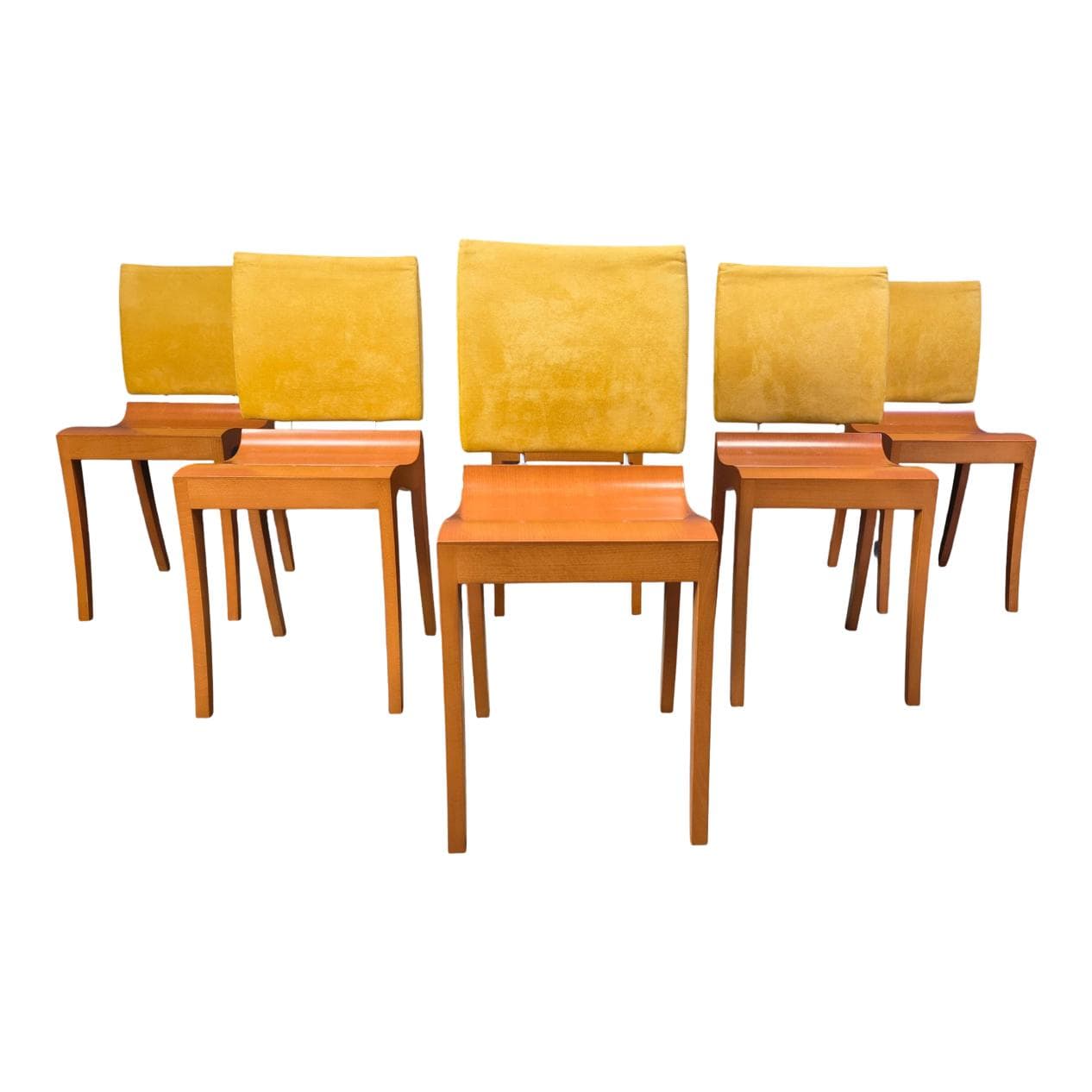 Set of six Finn dining chairs, brown wood, yellow suede, by T. Desombre, Ligne Roset, France, 1990s.