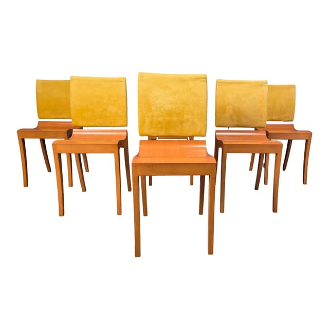 Set of six Finn dining chairs, brown wood, yellow suede, by T. Desombre, Ligne Roset, France, 1990s. - DIMENSION