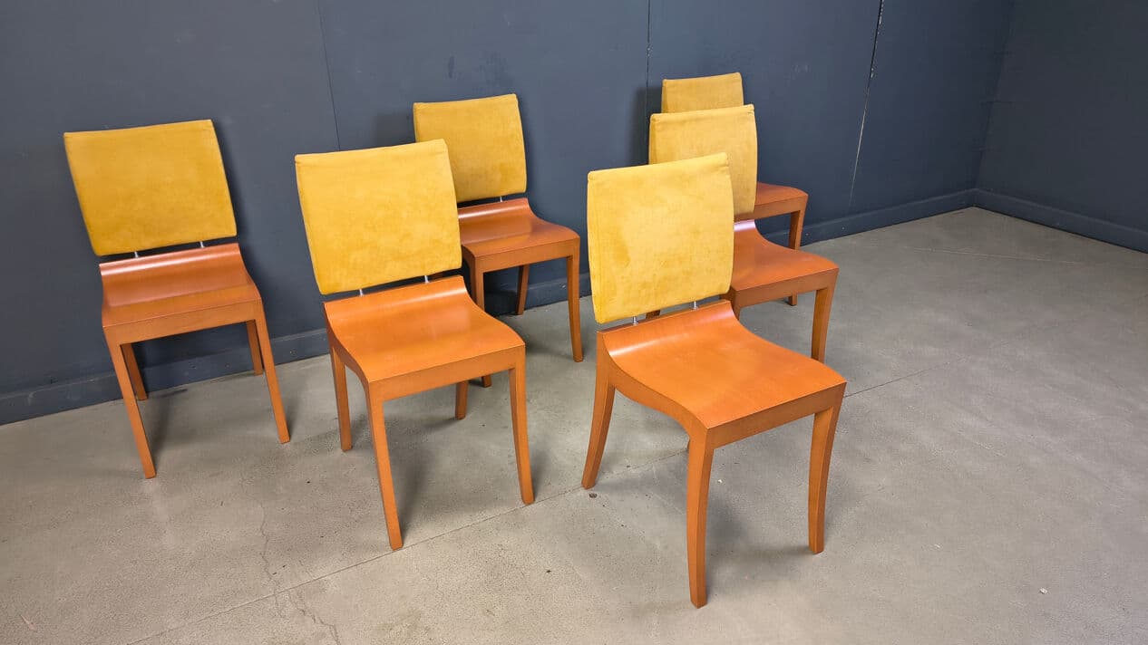 Set of six Finn dining chairs, brown wood, yellow suede, by T. Desombre, Ligne Roset, France, 1990s. - 329339