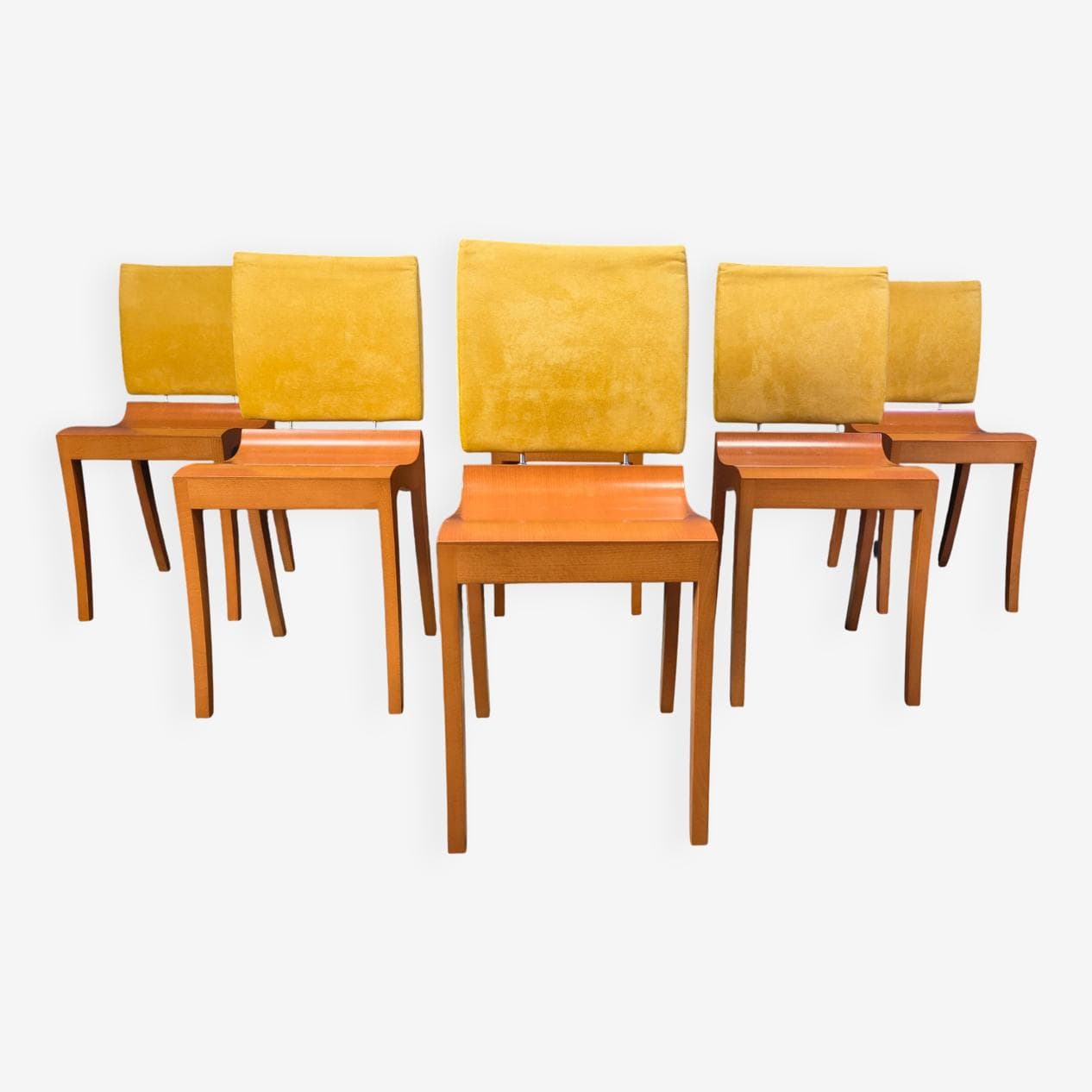 Set of six Finn dining chairs, brown wood, yellow suede, by T. Desombre, Ligne Roset, France, 1990s. - 329336