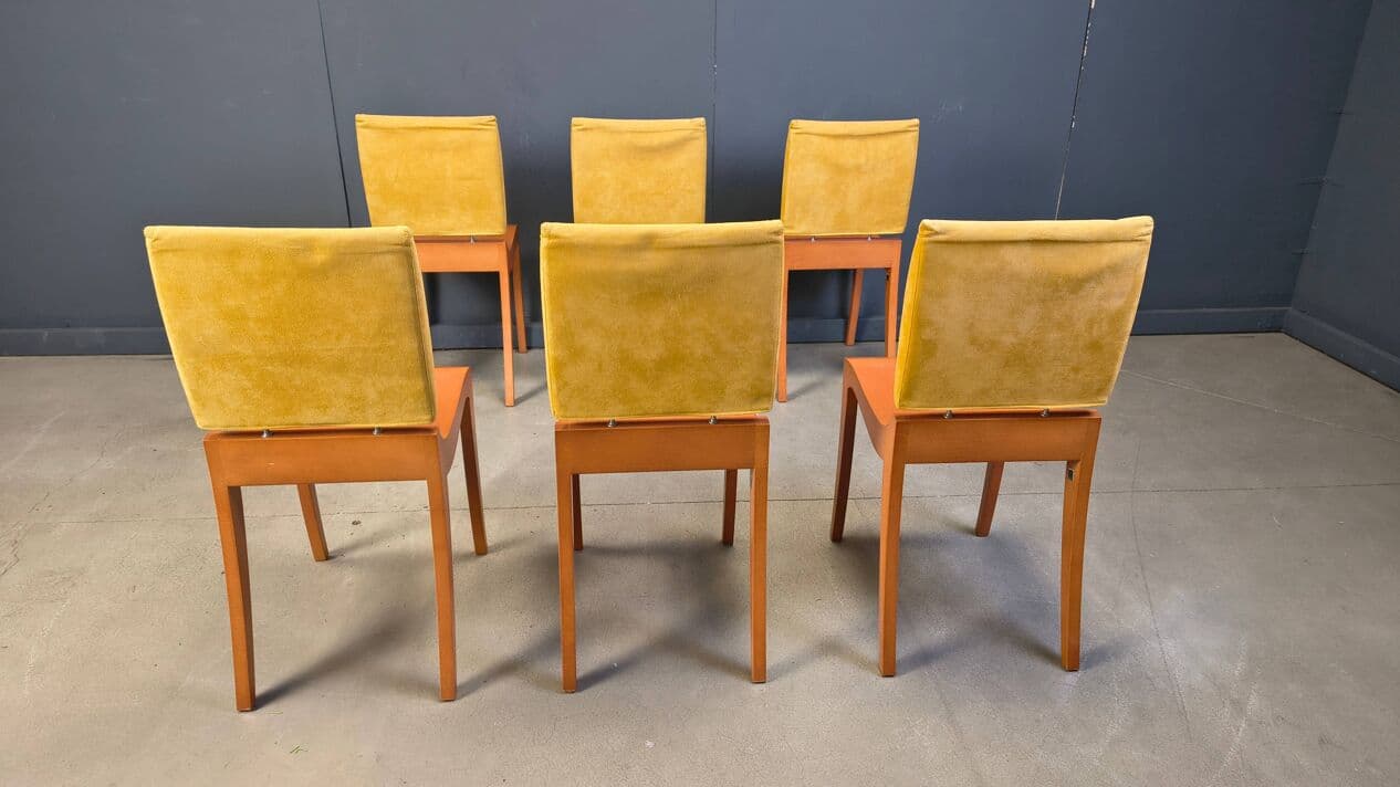 Set of six Finn dining chairs, brown wood, yellow suede, by T. Desombre, Ligne Roset, France, 1990s. - 329344