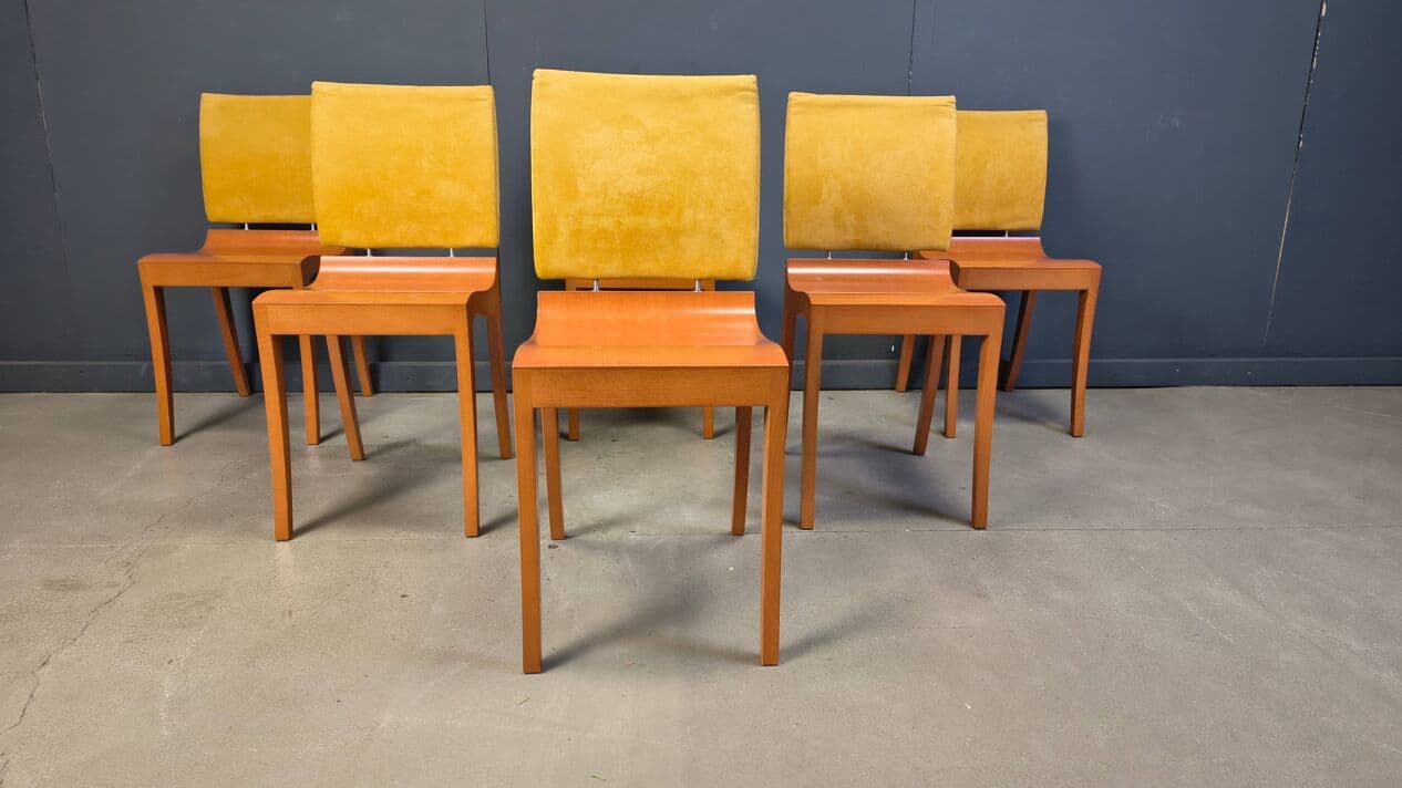 Set of six Finn dining chairs, brown wood, yellow suede, by T. Desombre, Ligne Roset, France, 1990s. - 329334