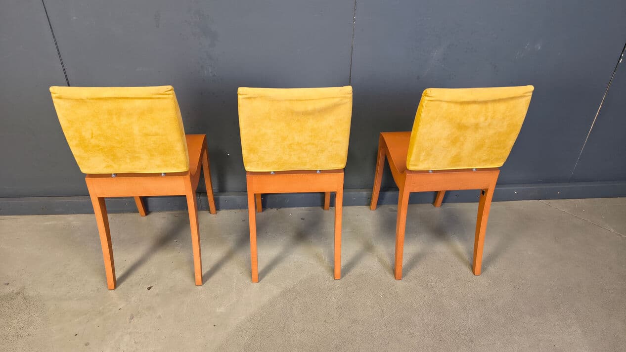 Set of six Finn dining chairs, brown wood, yellow suede, by T. Desombre, Ligne Roset, France, 1990s. - 329343