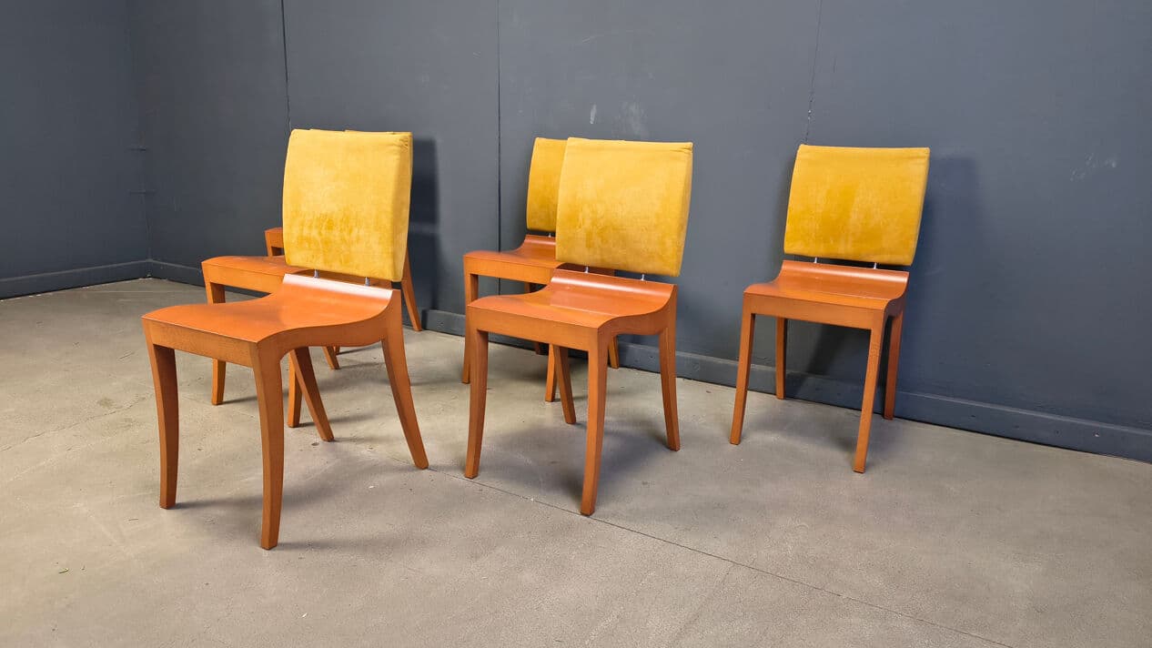 Set of six Finn dining chairs, brown wood, yellow suede, by T. Desombre, Ligne Roset, France, 1990s. - 329341