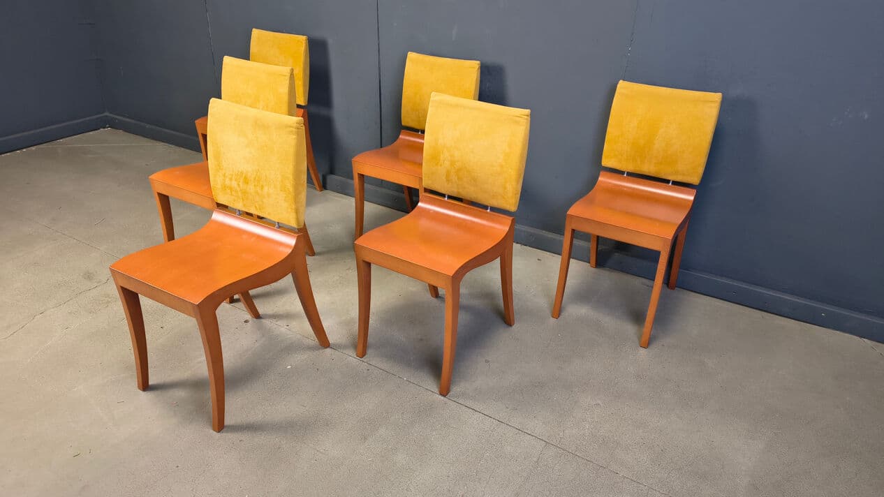 Set of six Finn dining chairs, brown wood, yellow suede, by T. Desombre, Ligne Roset, France, 1990s. - 329340