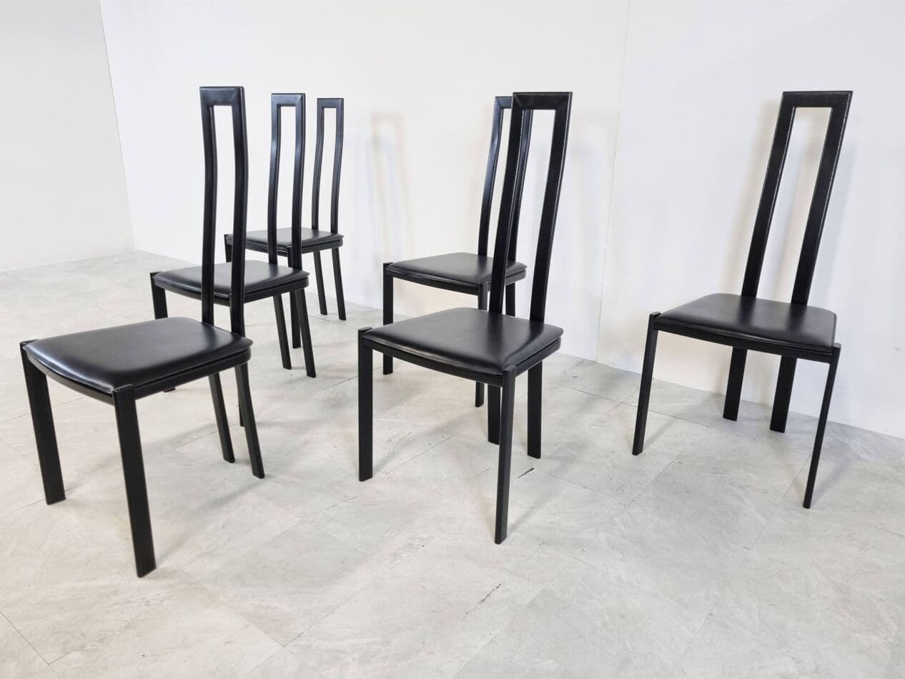 Set of Six Postmodern Dining Chairs, black metal, black leather, Italy, 1980s. - 329304