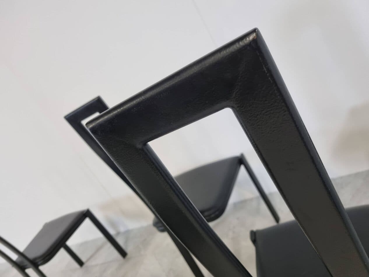 Set of Six Postmodern Dining Chairs, black metal, black leather, Italy, 1980s. - 329307