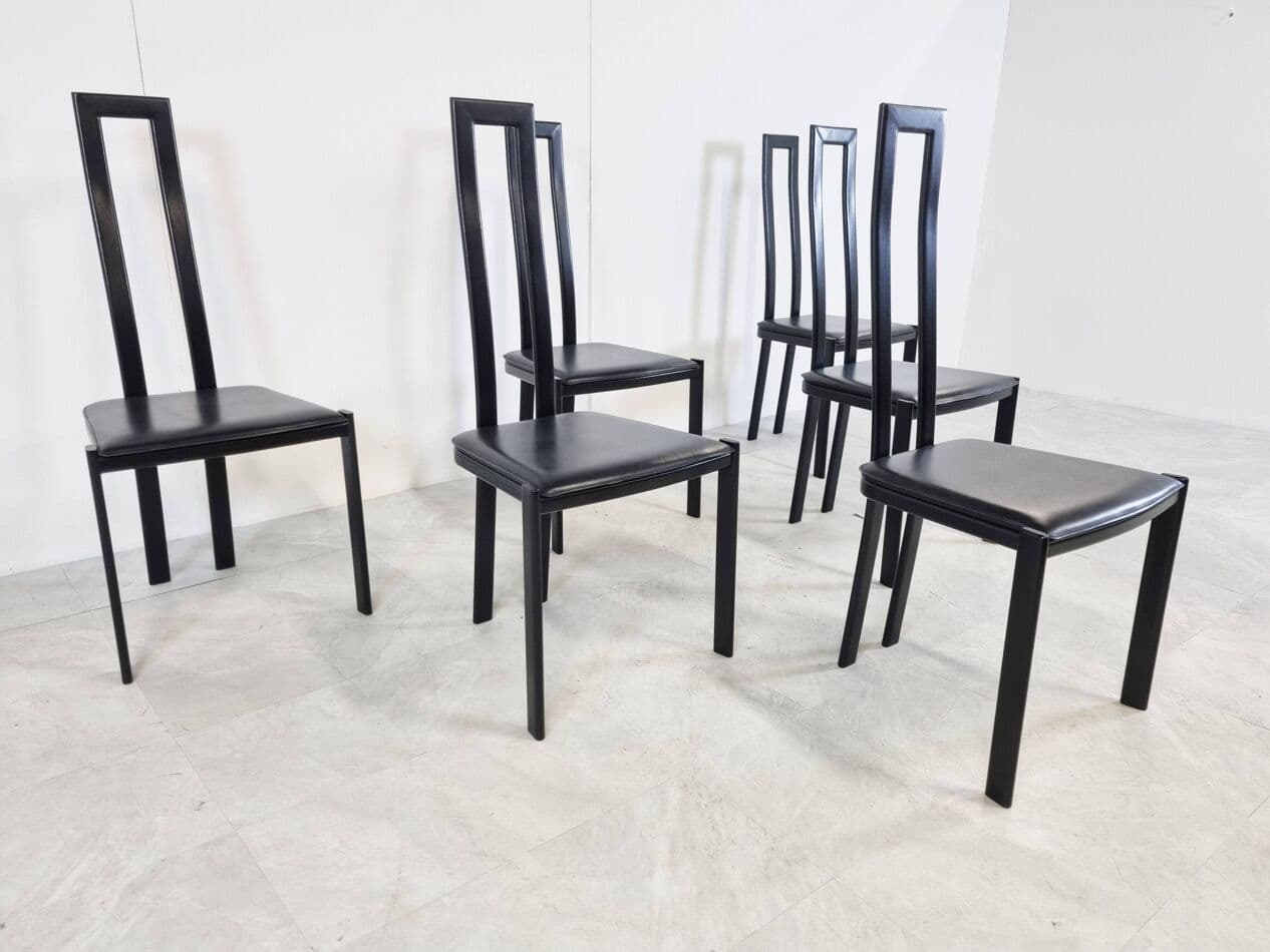 Set of Six Postmodern Dining Chairs, black metal, black leather, Italy, 1980s. - 329302