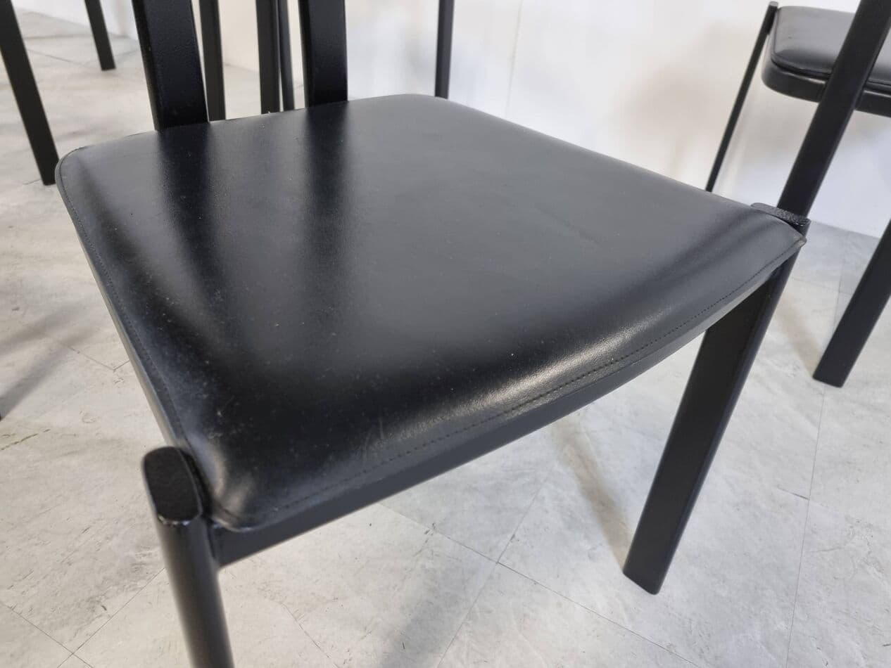 Set of Six Postmodern Dining Chairs, black metal, black leather, Italy, 1980s. - 329305