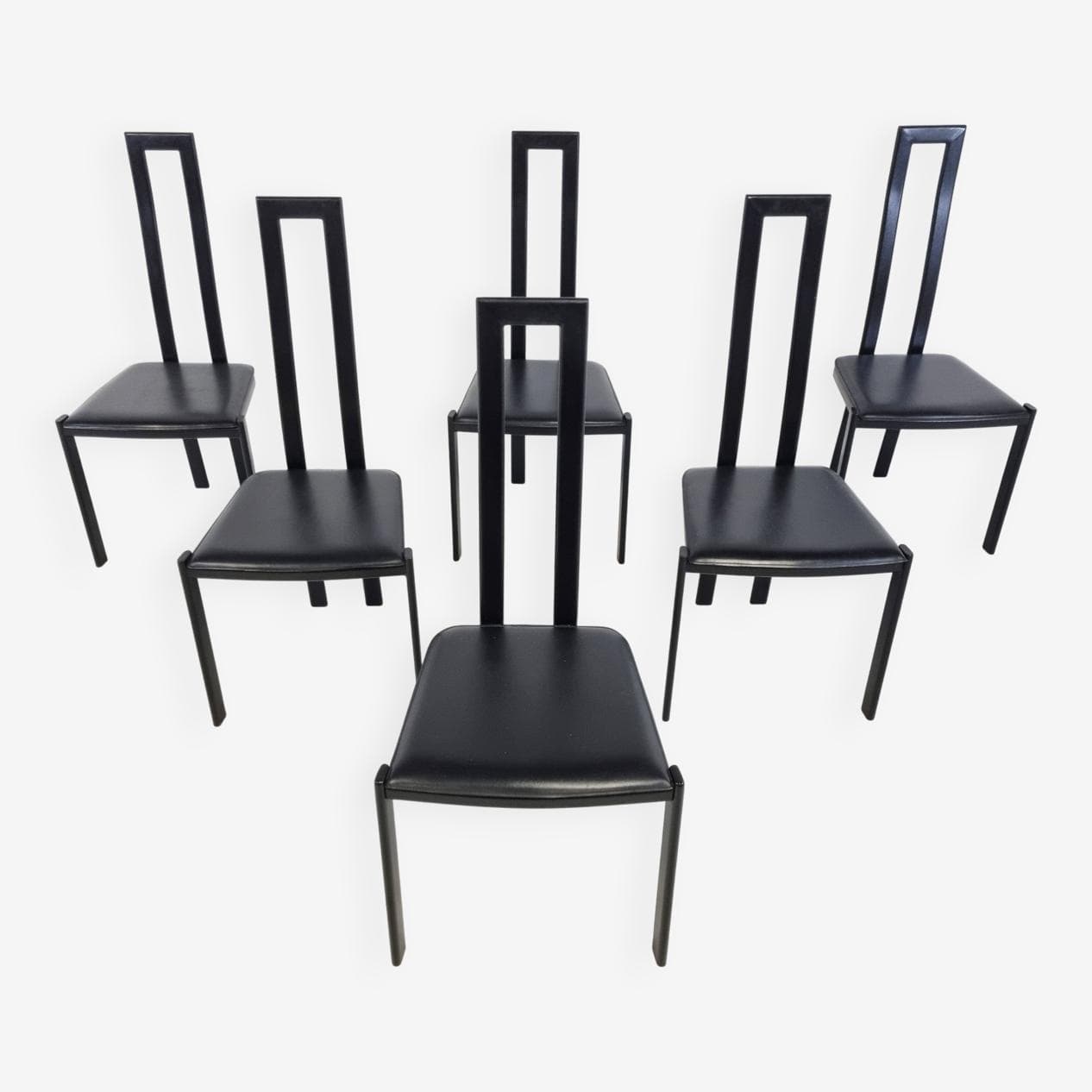 Set of Six Postmodern Dining Chairs, black metal, black leather, Italy, 1980s. - 329309