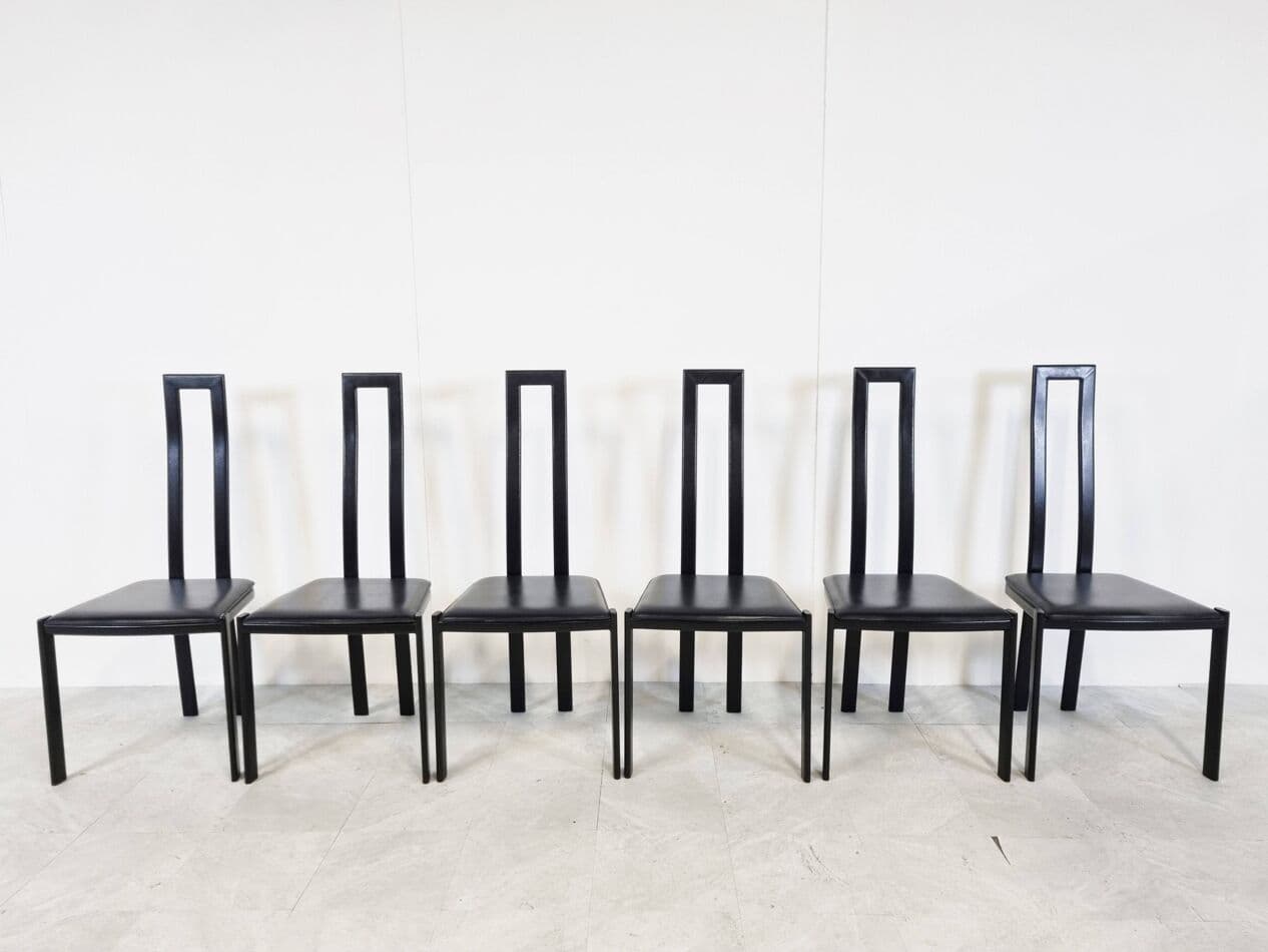 Set of Six Postmodern Dining Chairs, black metal, black leather, Italy, 1980s. - 329306