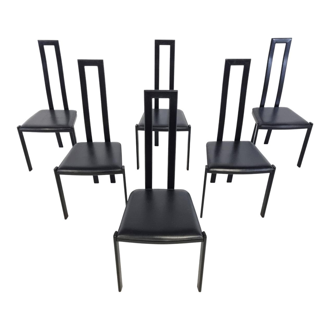 Set of Six Postmodern Dining Chairs, black metal, black leather, Italy, 1980s.