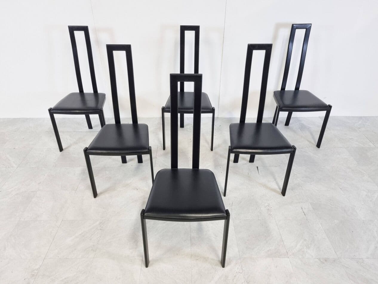 Set of Six Postmodern Dining Chairs, black metal, black leather, Italy, 1980s. - 329308