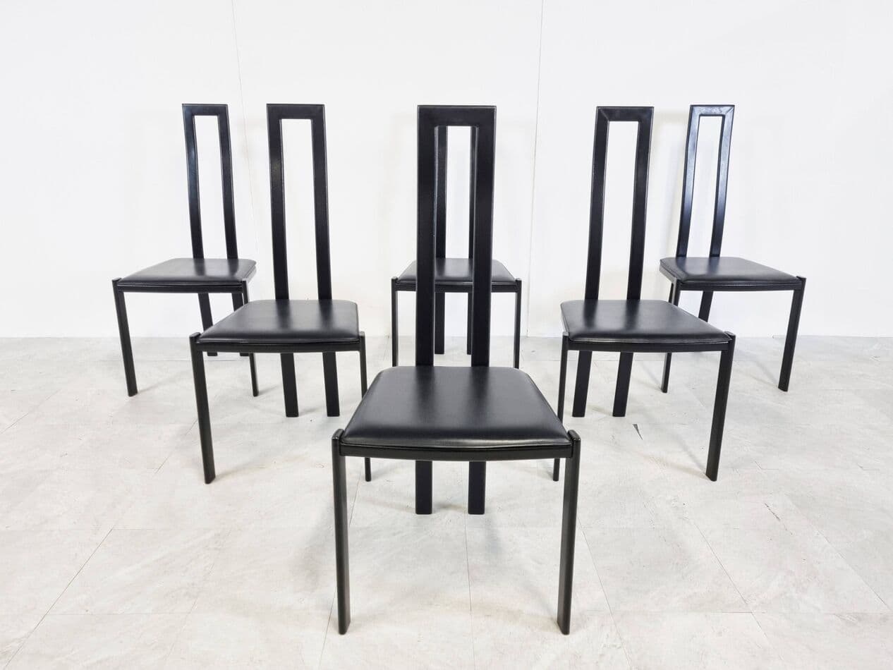 Set of Six Postmodern Dining Chairs, black metal, black leather, Italy, 1980s. - 329303