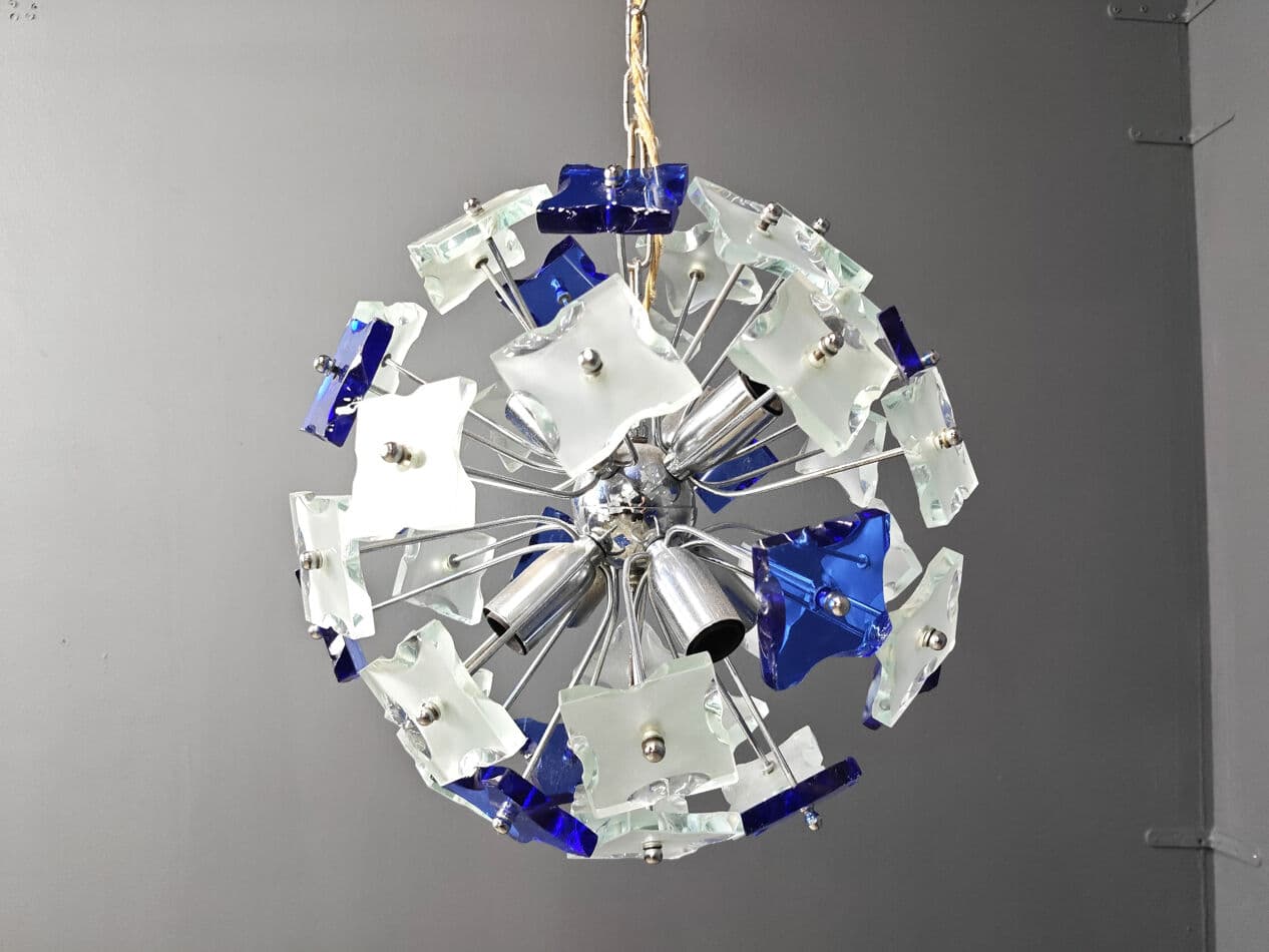 Chandelier Space Age, blue transparent glass, chrome, Italy, 1970s - 329294