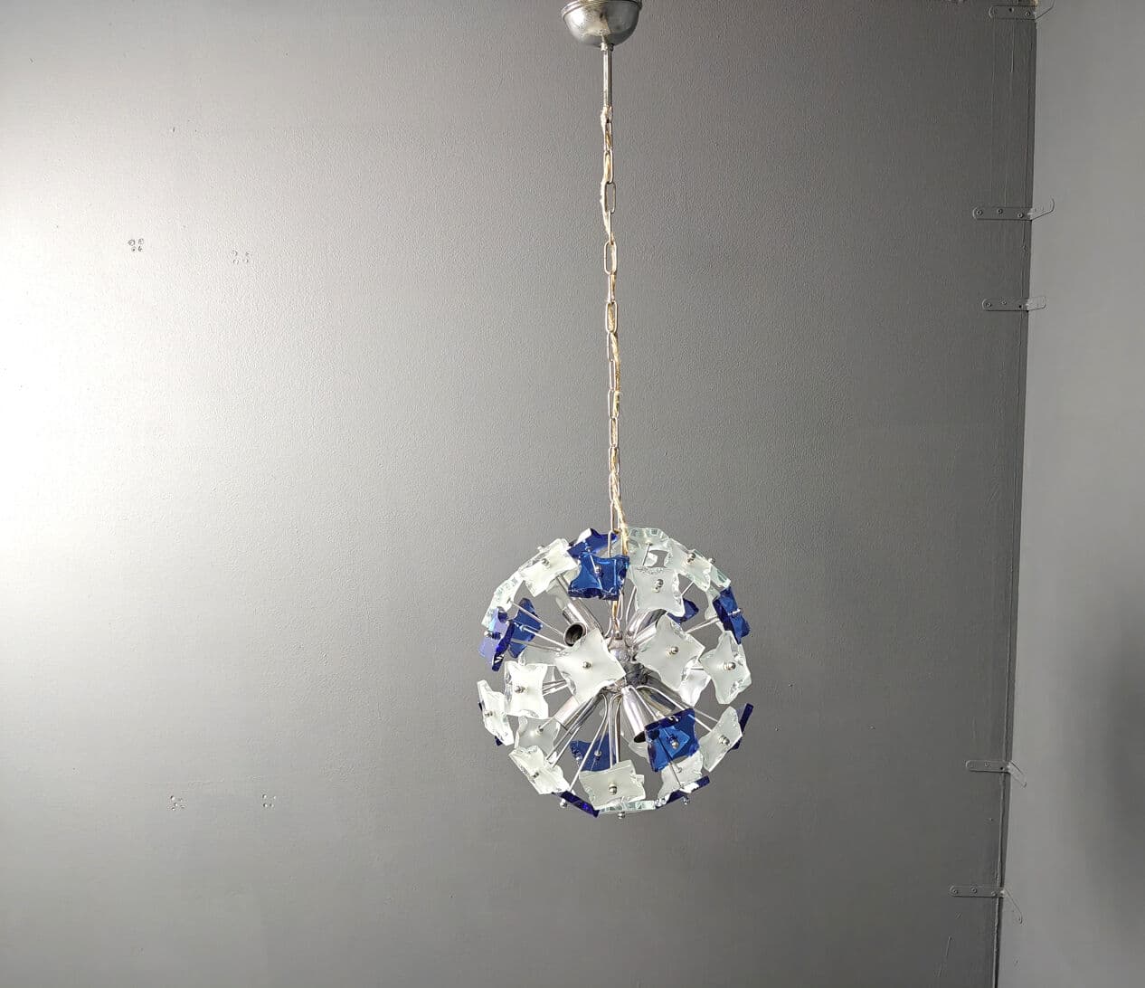 Chandelier Space Age, blue transparent glass, chrome, Italy, 1970s - 329295