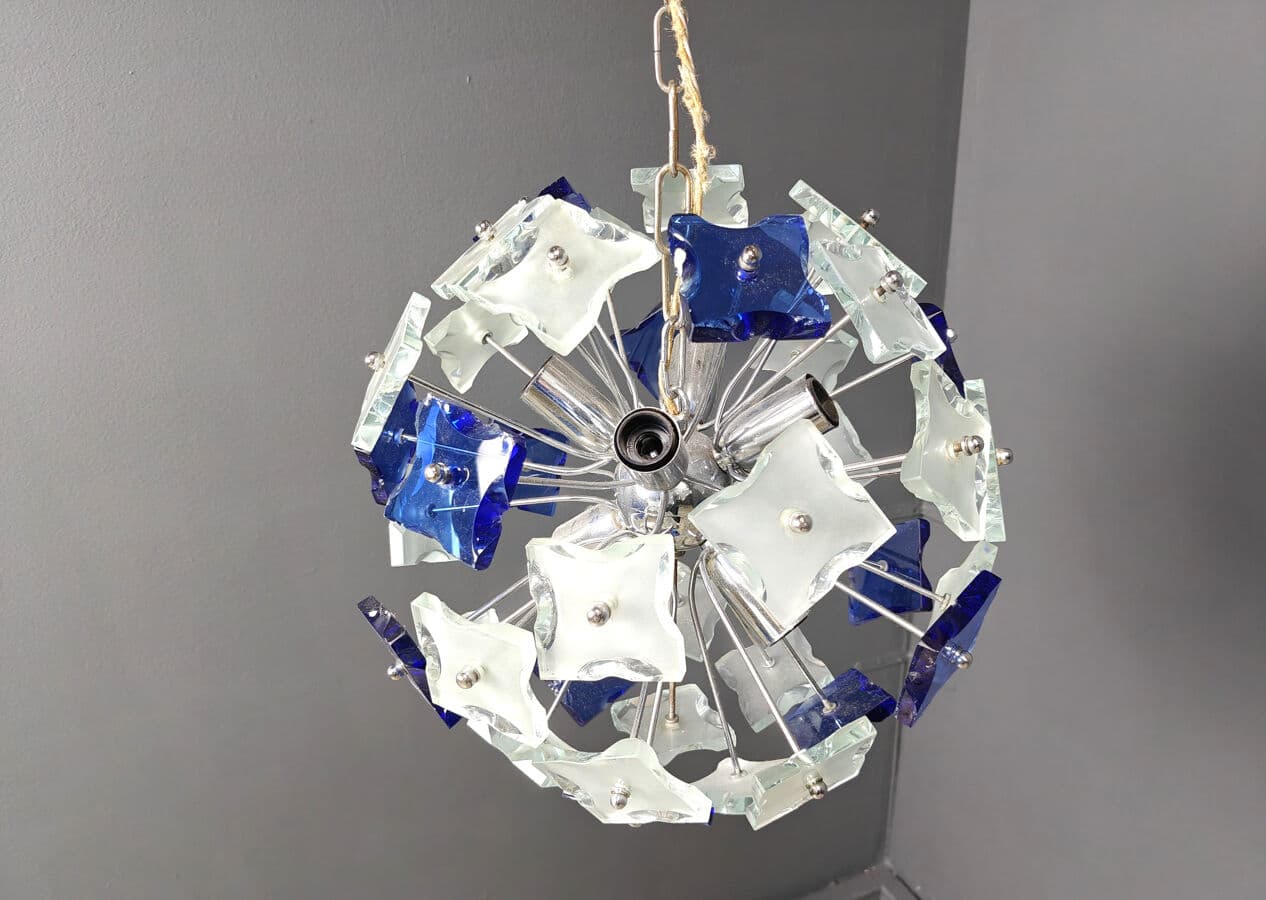Chandelier Space Age, blue transparent glass, chrome, Italy, 1970s - 329290
