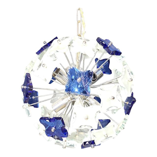 Chandelier Space Age, blue transparent glass, chrome, Italy, 1970s - DIMENSION