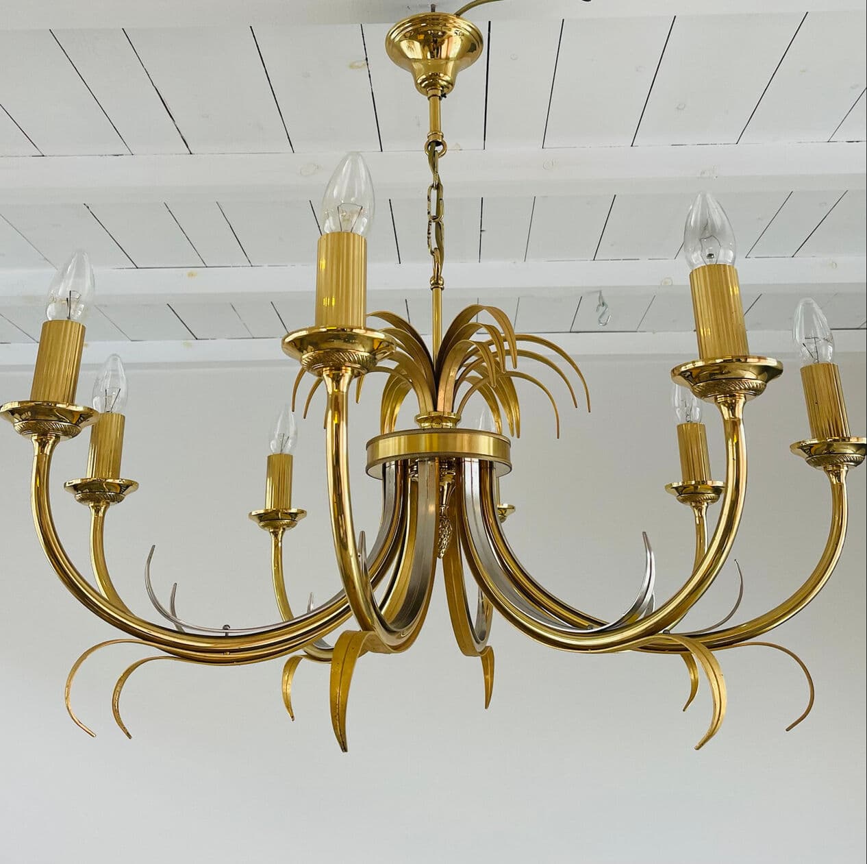 Chandelier Pineapple, gold brass, silver chrome, Belgium, 1970s. - 329274