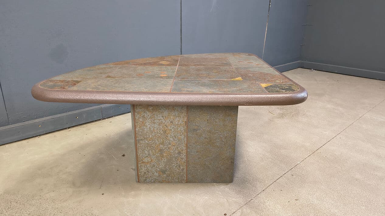Coffee Table Kingma Style, brown grey orange, stone brass copper, Belgium, 1980s. - 329261