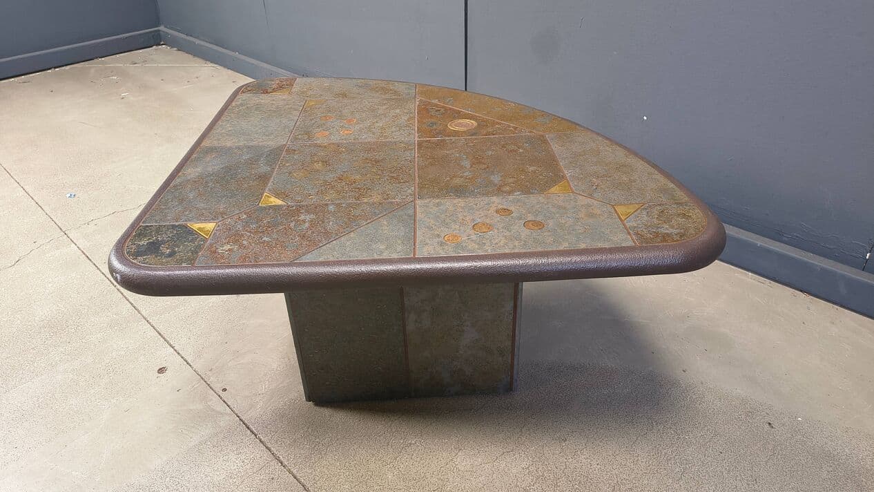 Coffee Table Kingma Style, brown grey orange, stone brass copper, Belgium, 1980s. - 329264