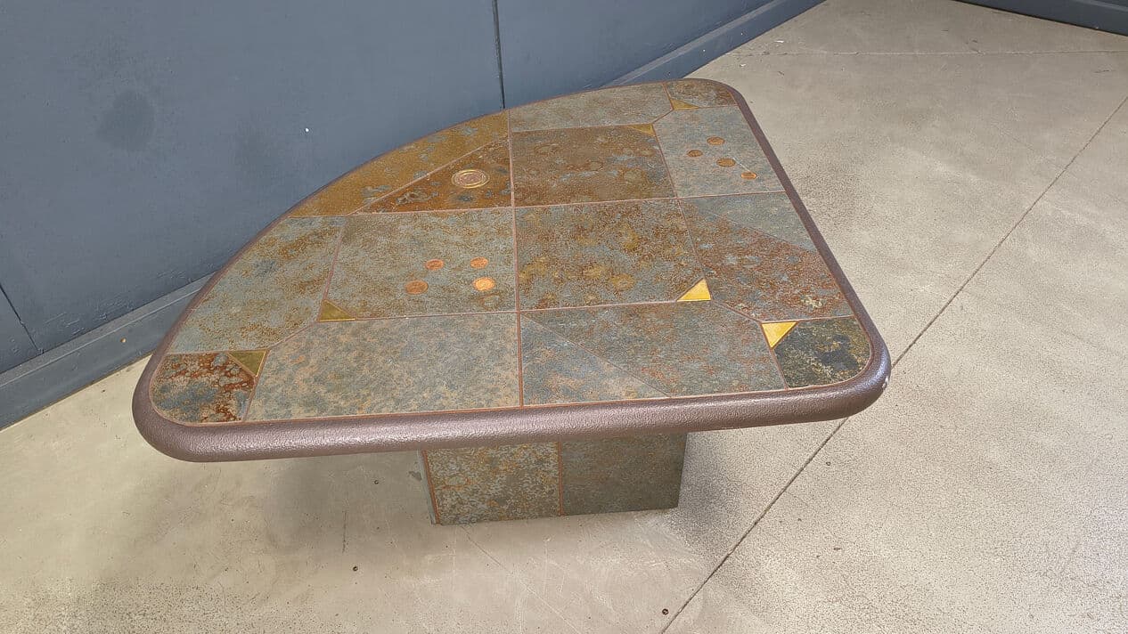 Coffee Table Kingma Style, brown grey orange, stone brass copper, Belgium, 1980s. - 329259
