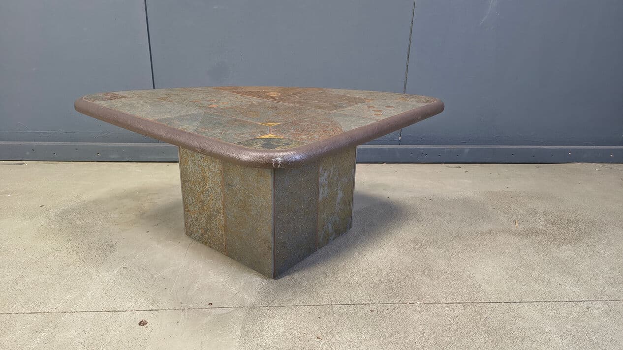 Coffee Table Kingma Style, brown grey orange, stone brass copper, Belgium, 1980s. - 329255