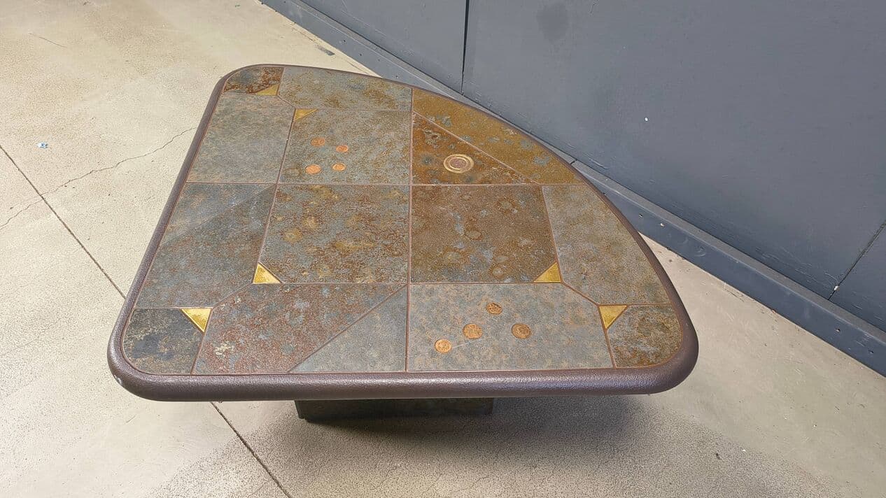 Coffee Table Kingma Style, brown grey orange, stone brass copper, Belgium, 1980s. - 329263