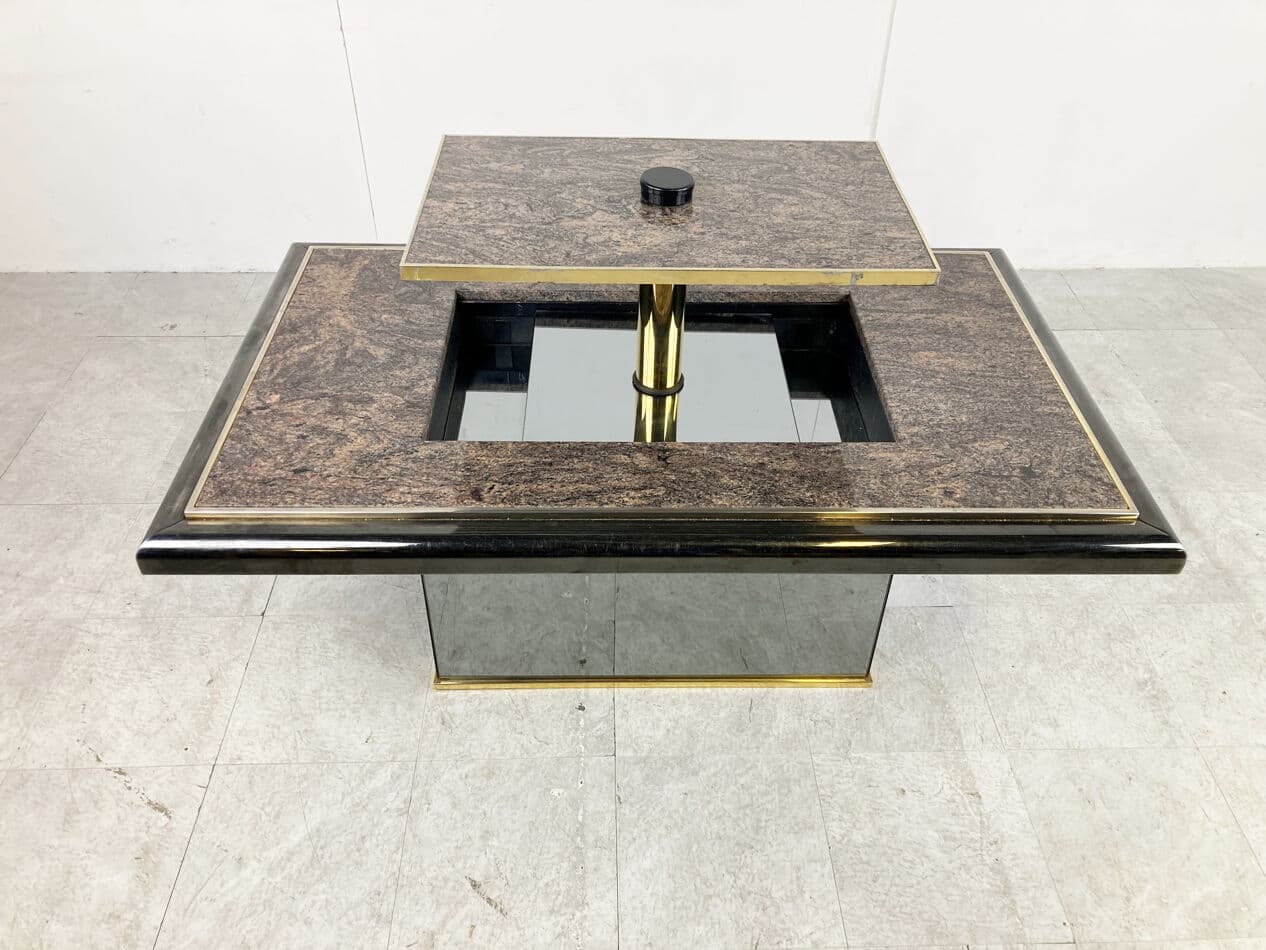 Coffee table, brown marble, brass, glass, black wood, Belgium, 1980s. - 329244