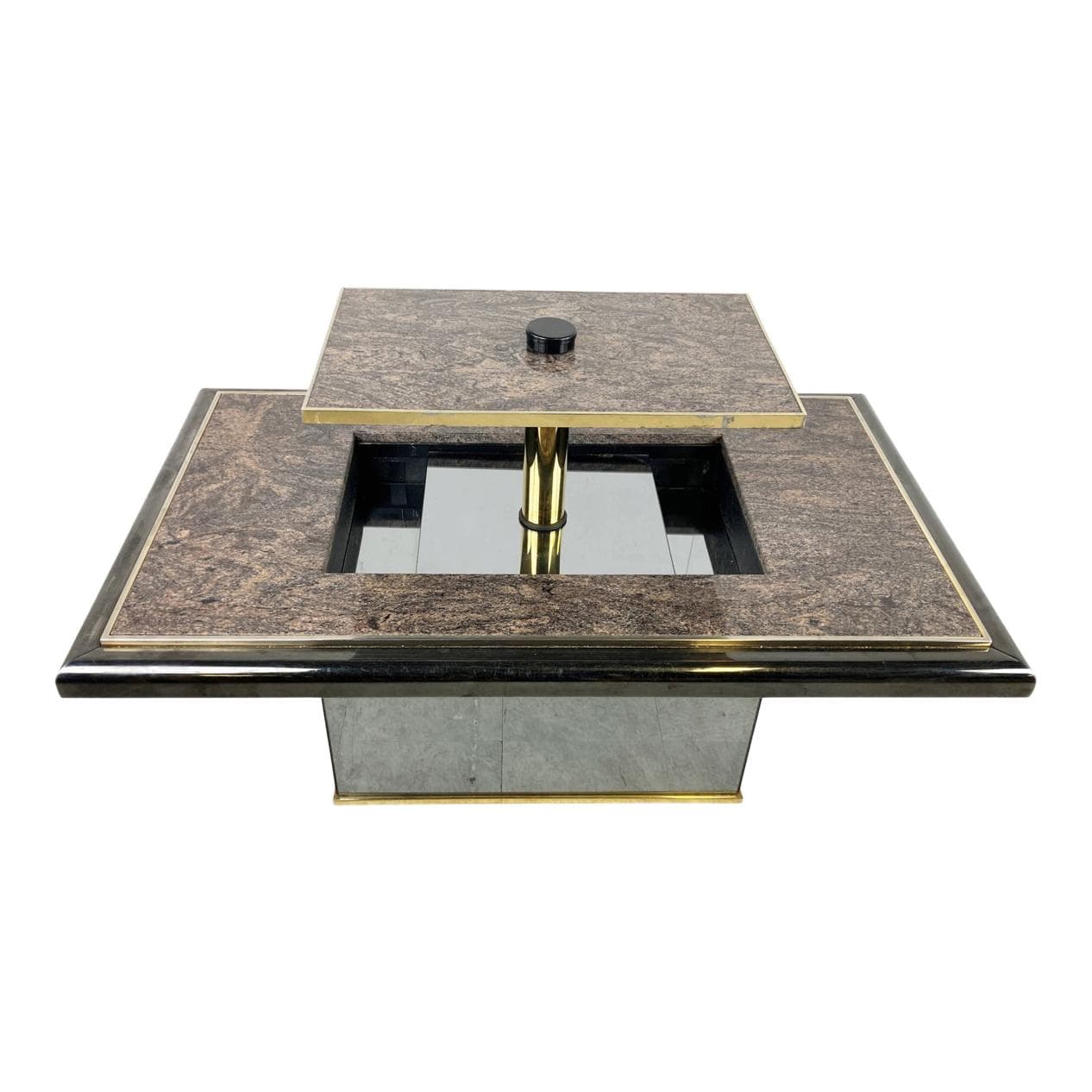 Coffee table, brown marble, brass, glass, black wood, Belgium, 1980s.