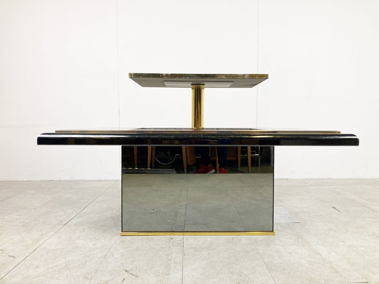 Coffee table, brown marble, brass, glass, black wood, Belgium, 1980s. - 329250