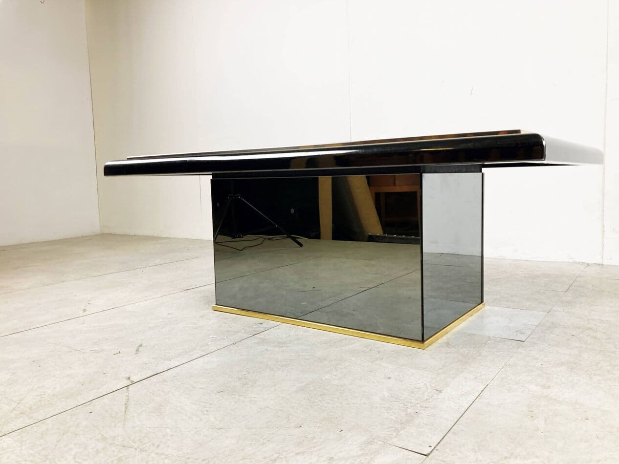 Coffee table, brown marble, brass, glass, black wood, Belgium, 1980s. - 329243