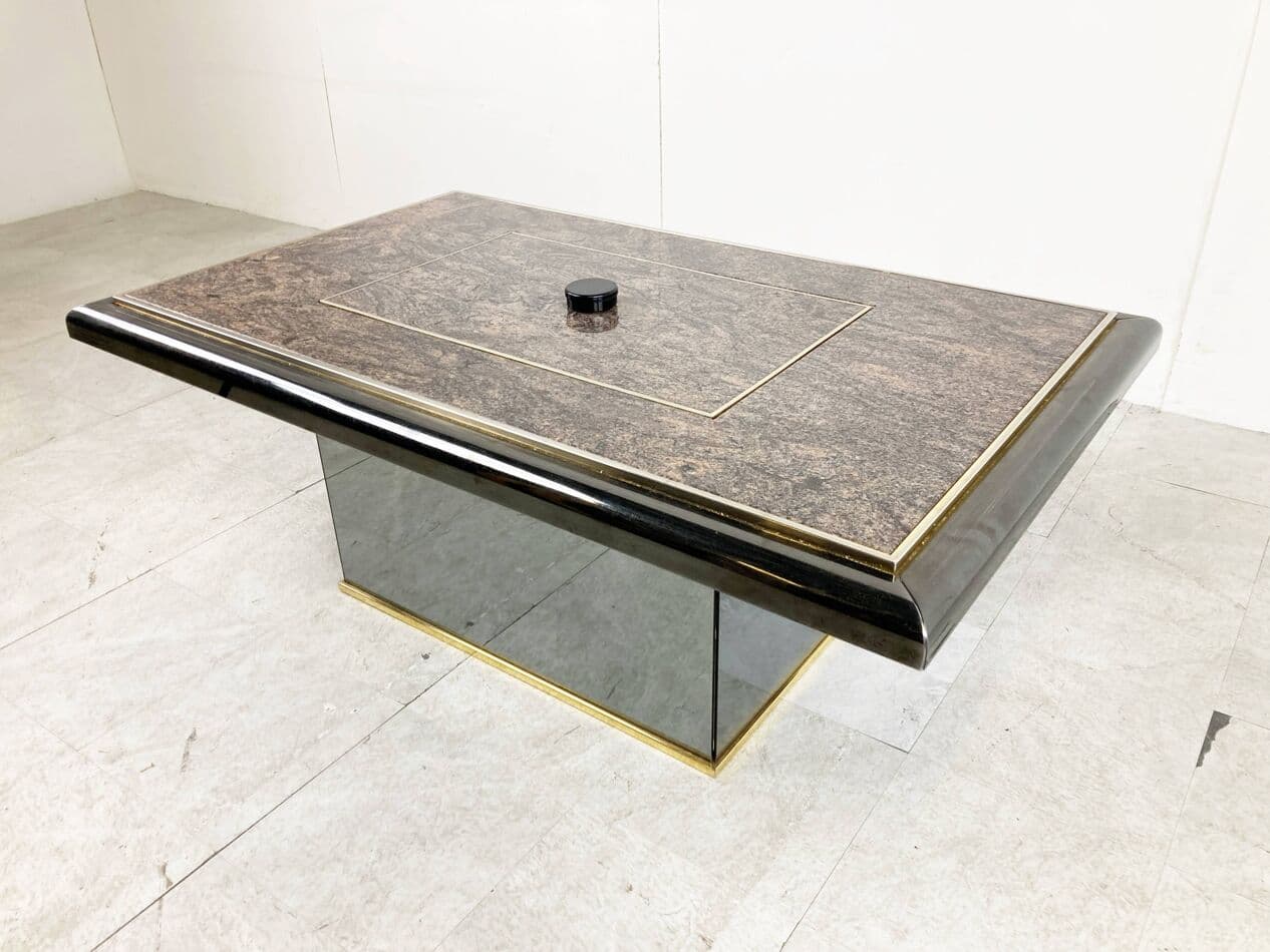Coffee table, brown marble, brass, glass, black wood, Belgium, 1980s. - 329246