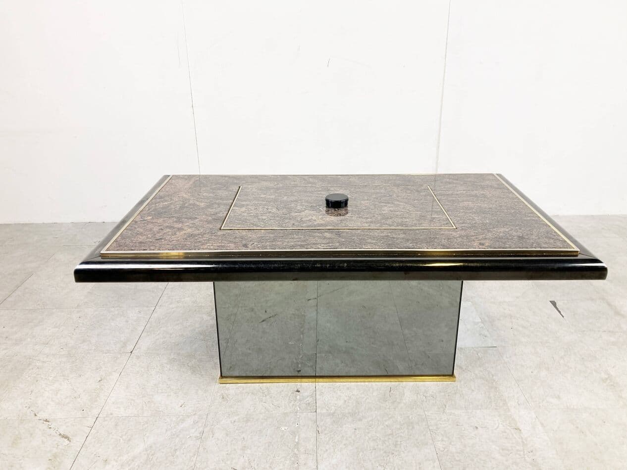 Coffee table, brown marble, brass, glass, black wood, Belgium, 1980s. - 329253