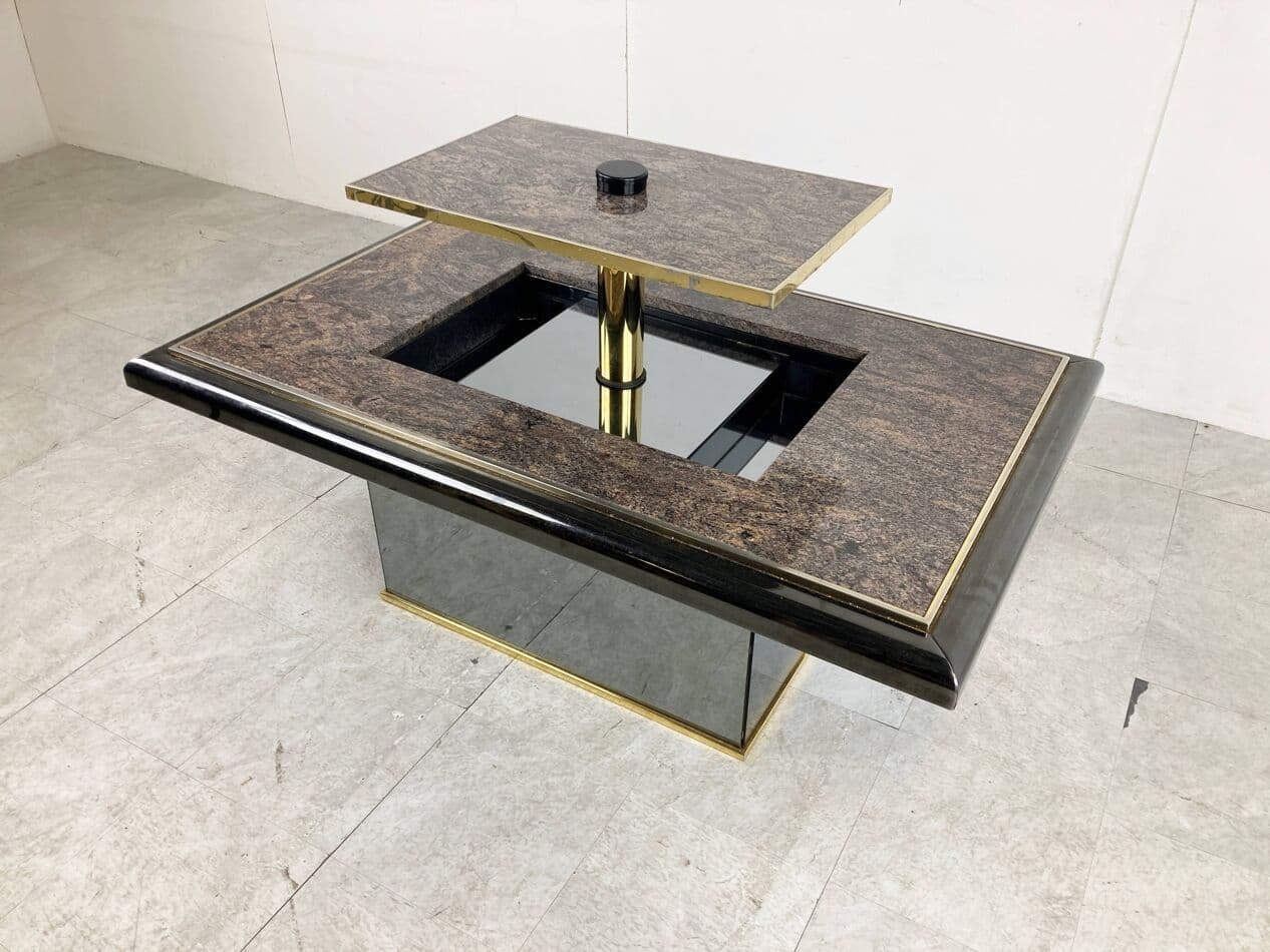 Coffee table, brown marble, brass, glass, black wood, Belgium, 1980s. - 329251