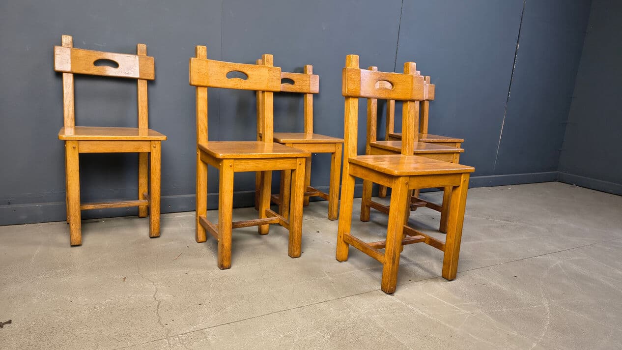 Set of six dining chairs, brown oak, Belgium, 1970s. - 329236