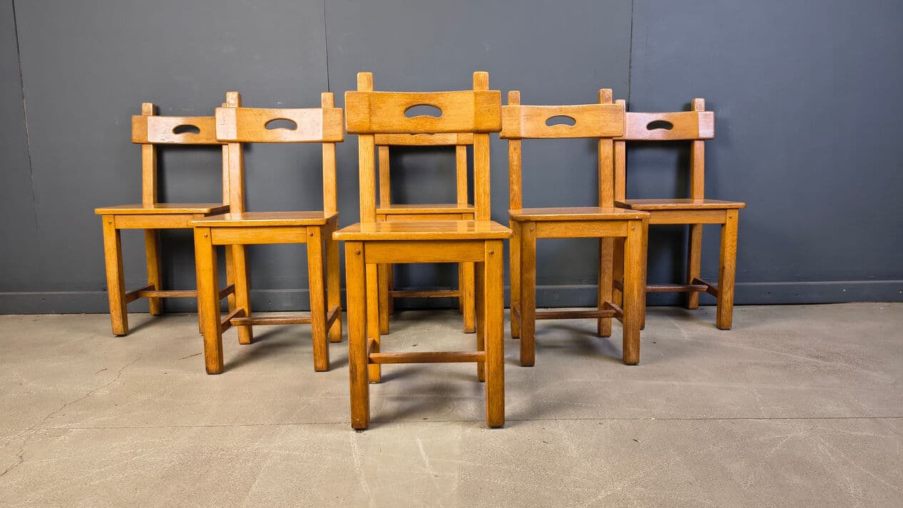 Set of six dining chairs, brown oak, Belgium, 1970s. - 329231