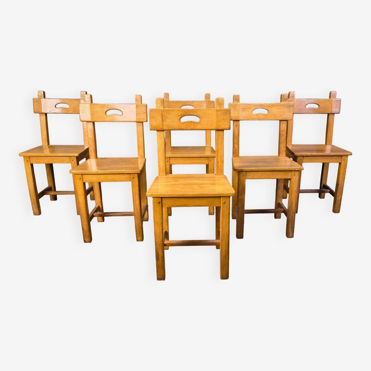 Set of six dining chairs, brown oak, Belgium, 1970s. - 329233
