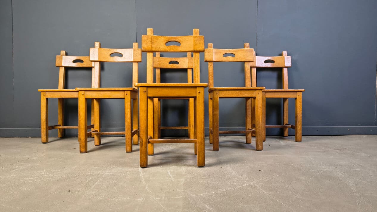 Set of six dining chairs, brown oak, Belgium, 1970s. - 329234