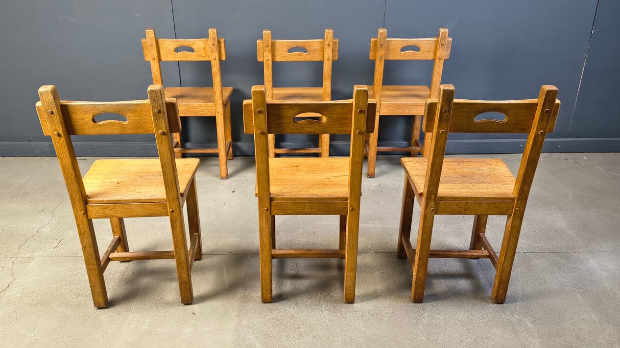 Set of six dining chairs, brown oak, Belgium, 1970s. - 329238