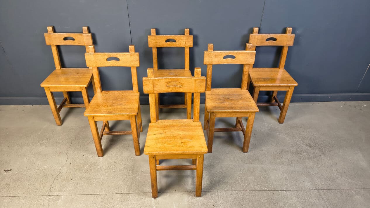 Set of six dining chairs, brown oak, Belgium, 1970s. - 329239
