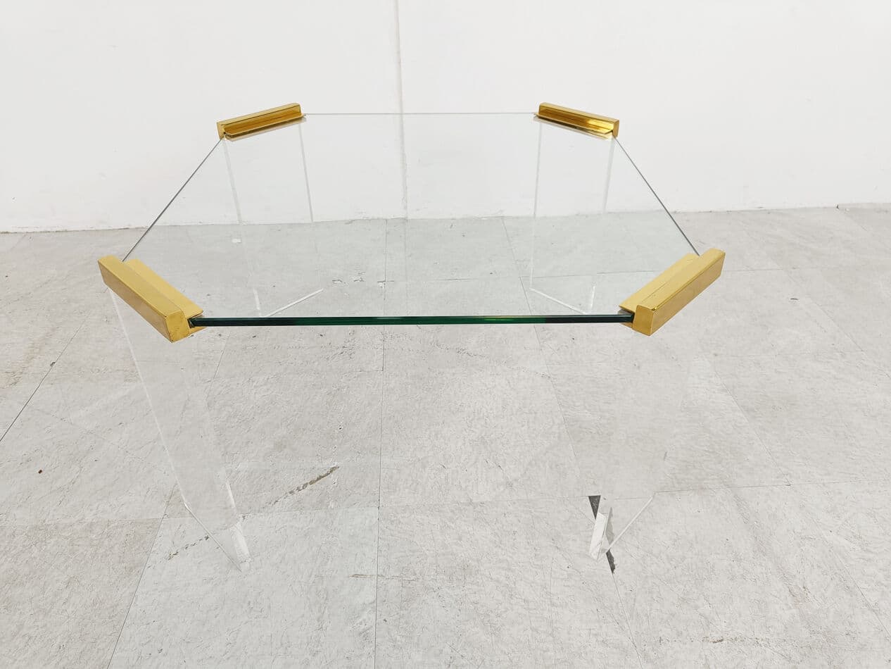 Pair of coffee tables, transparent and gold, glass, plexiglass, brass, Belgium, 1970s. - 329214