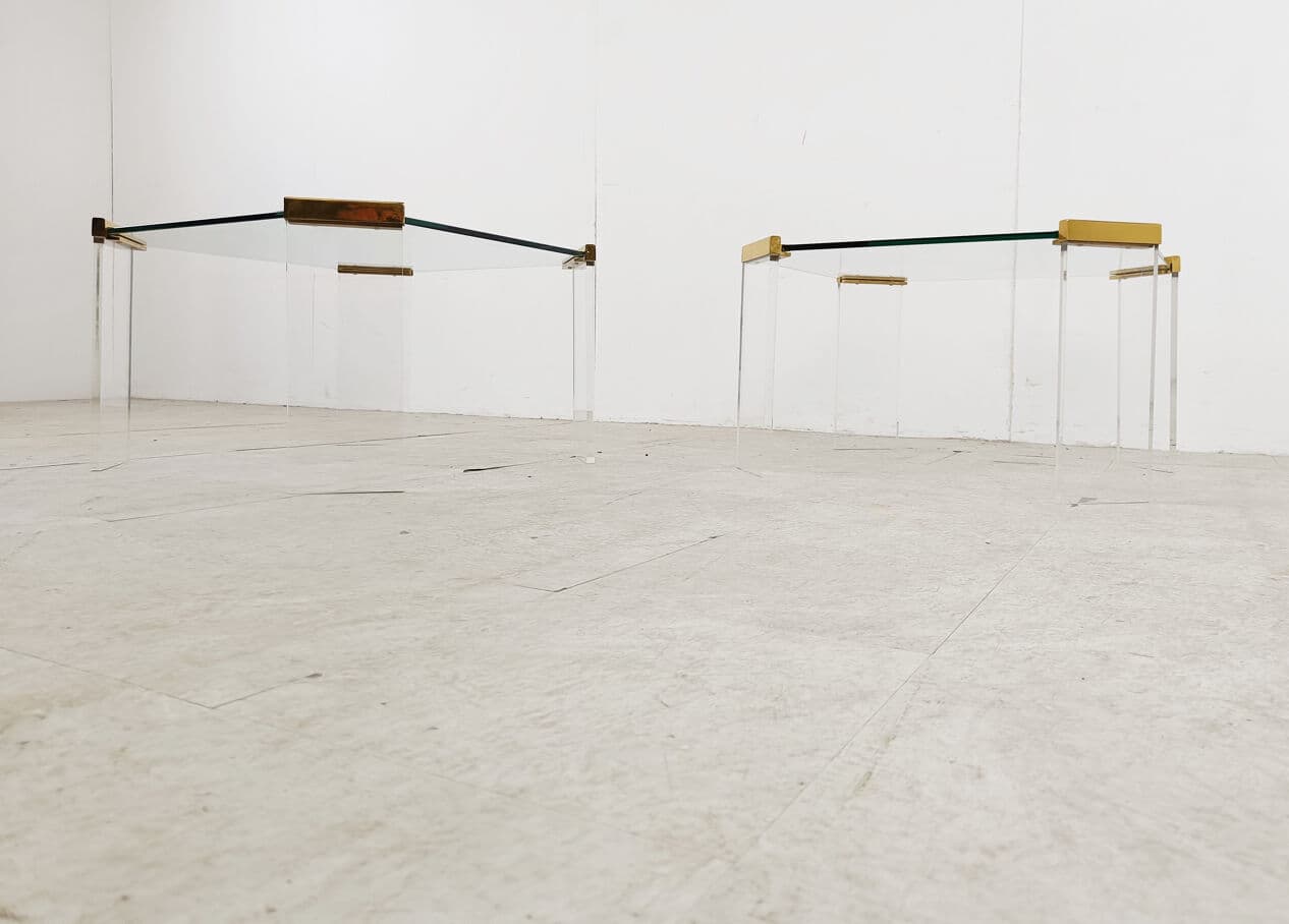 Pair of coffee tables, transparent and gold, glass, plexiglass, brass, Belgium, 1970s. - 329216