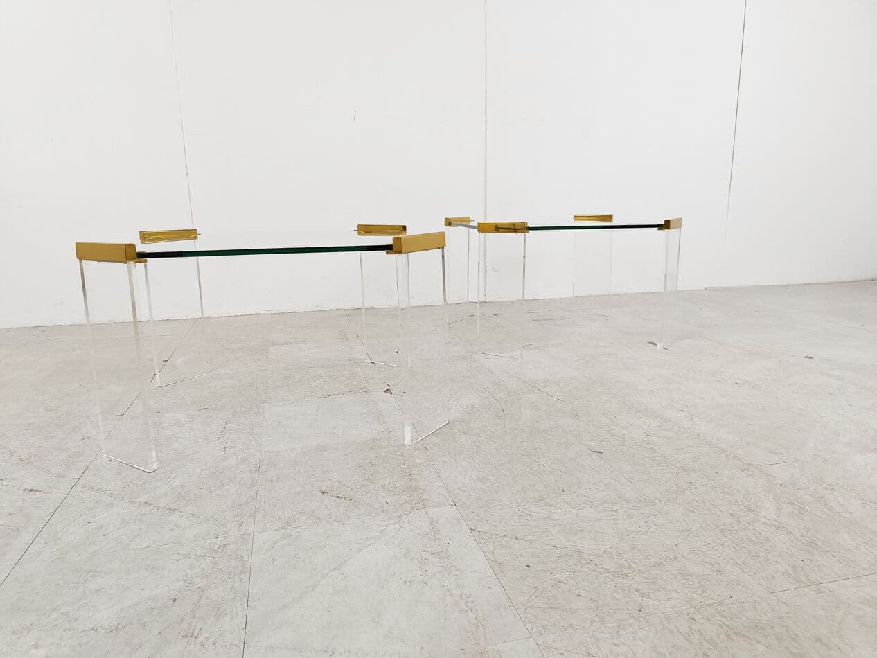 Pair of coffee tables, transparent and gold, glass, plexiglass, brass, Belgium, 1970s. - 329208