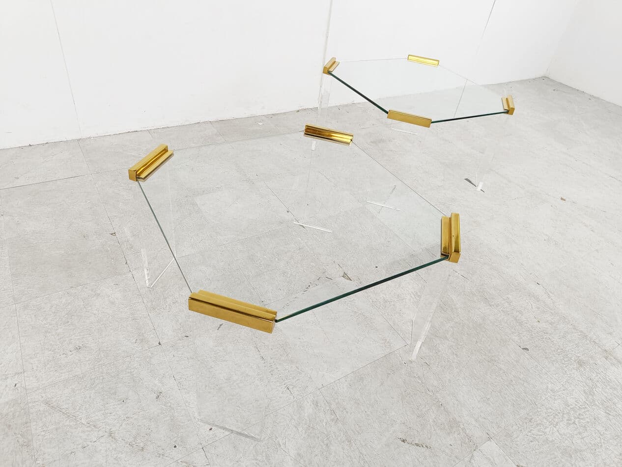 Pair of coffee tables, transparent and gold, glass, plexiglass, brass, Belgium, 1970s. - 329211