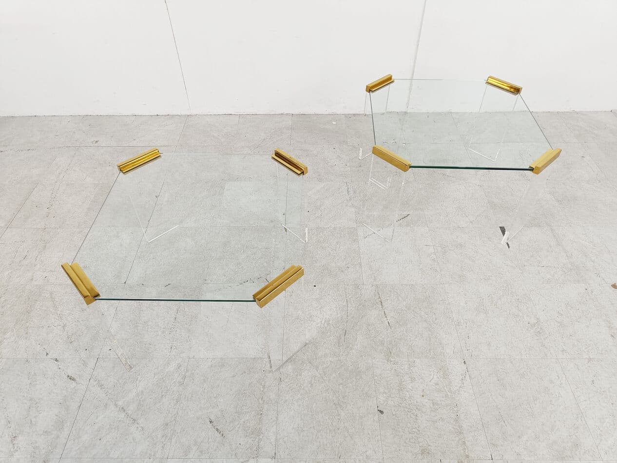Pair of coffee tables, transparent and gold, glass, plexiglass, brass, Belgium, 1970s. - 329217