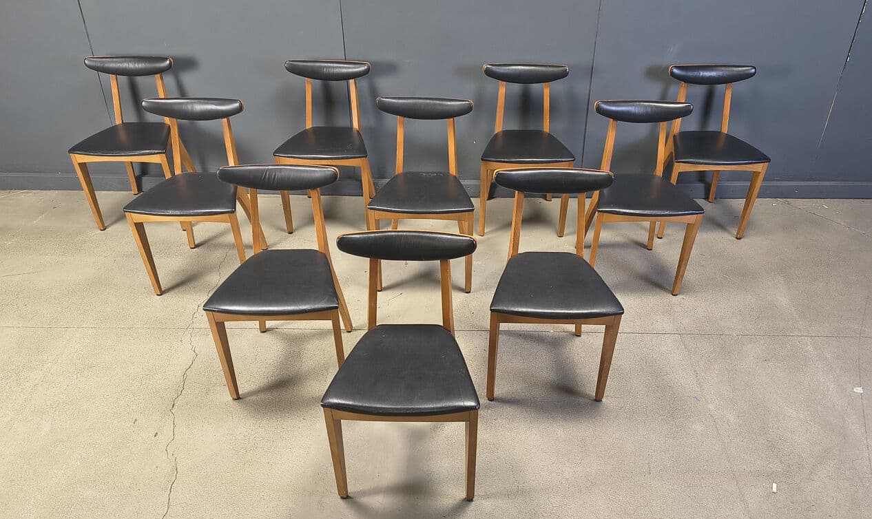 Set of ten dining chairs, brown wood, black leatherette, Belgium, 1960s. - 329196