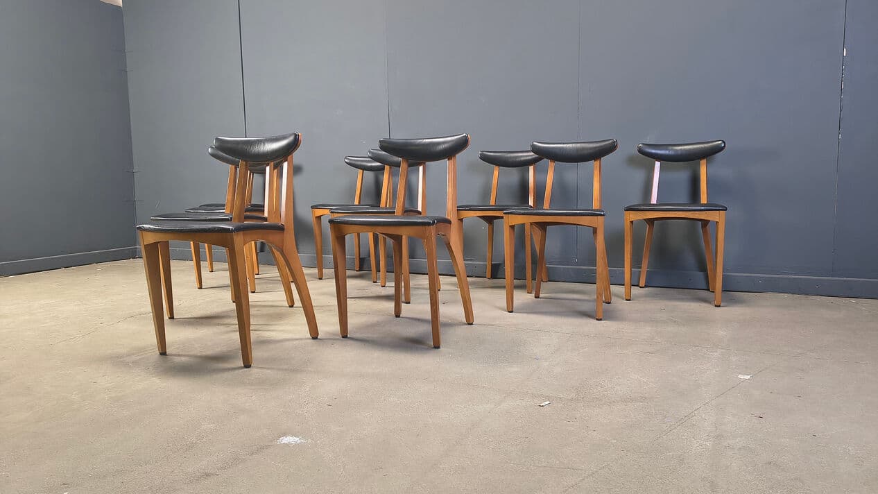Set of ten dining chairs, brown wood, black leatherette, Belgium, 1960s. - 329203