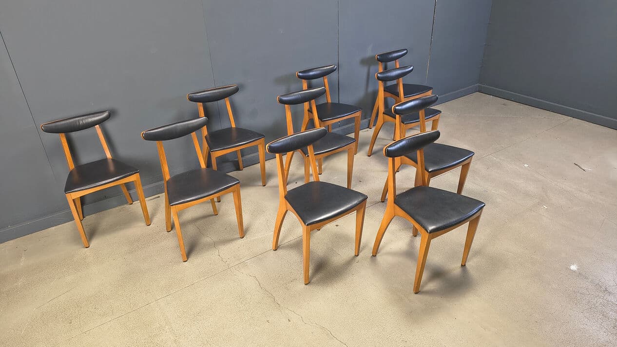Set of ten dining chairs, brown wood, black leatherette, Belgium, 1960s. - 329199